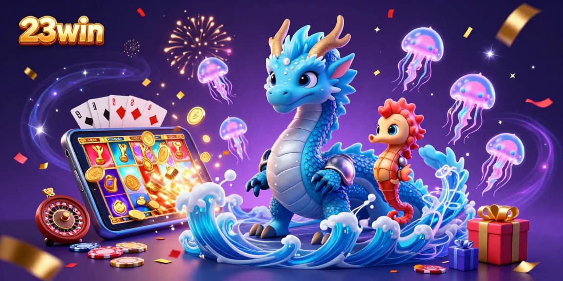 Experience the thrill of 23win with a vibrant scene of a dragon, seahorse knight, and magical jellyfish.