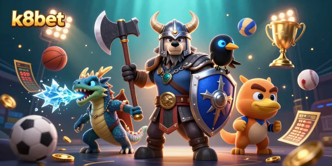 Engage with k8bet's thrilling gaming experience featuring a Viking warrior, dragon, and dynamic sports elements.