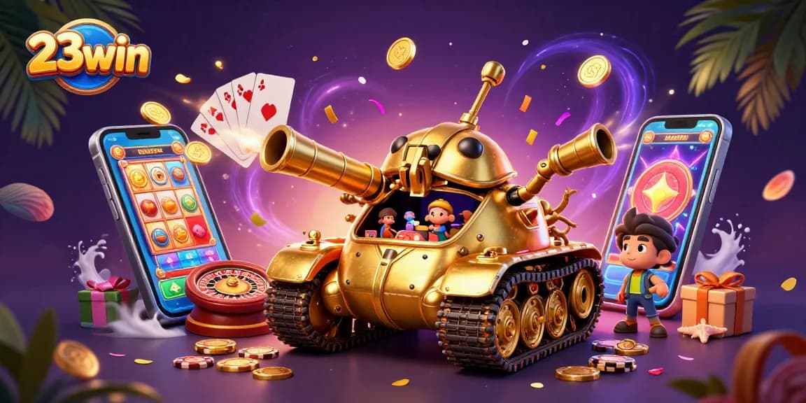 Engage with 23win’s vibrant casino world with a golden beetle tank revealing miniature games.