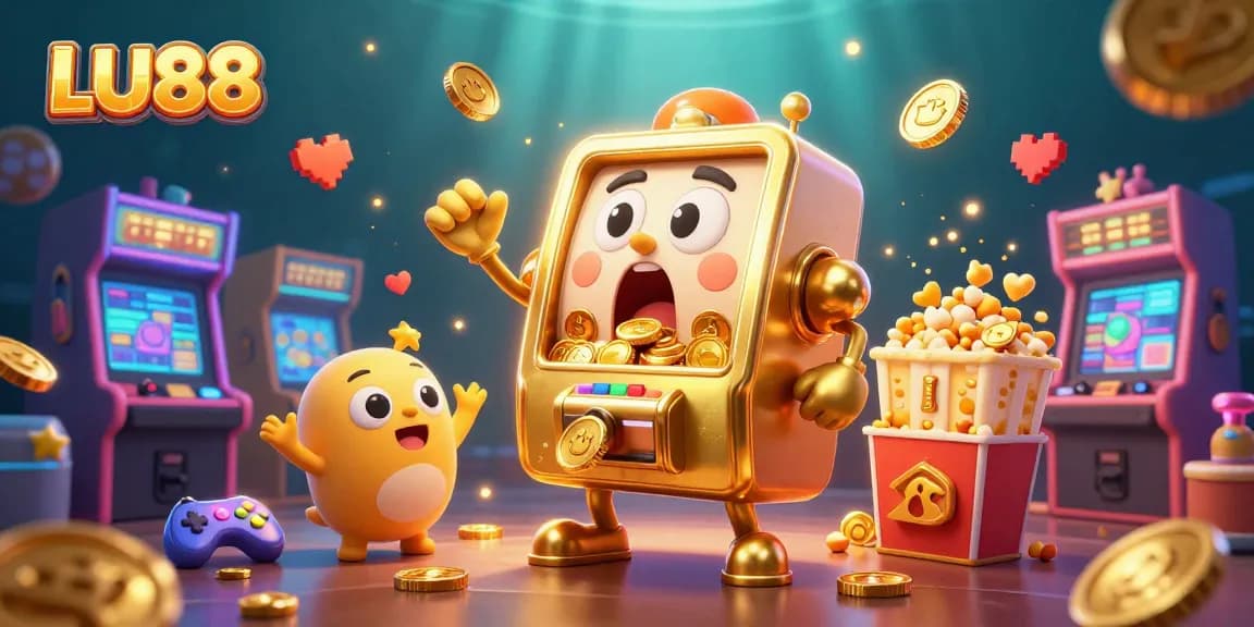 LU88 jackpot excitement with animated slot machine and gold coins pouring out