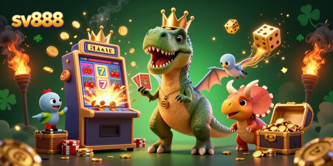 Experience thrilling gameplay at sv888 with a friendly T-Rex shuffling cards and vibrant slot machines in a dynamic casino illustration.