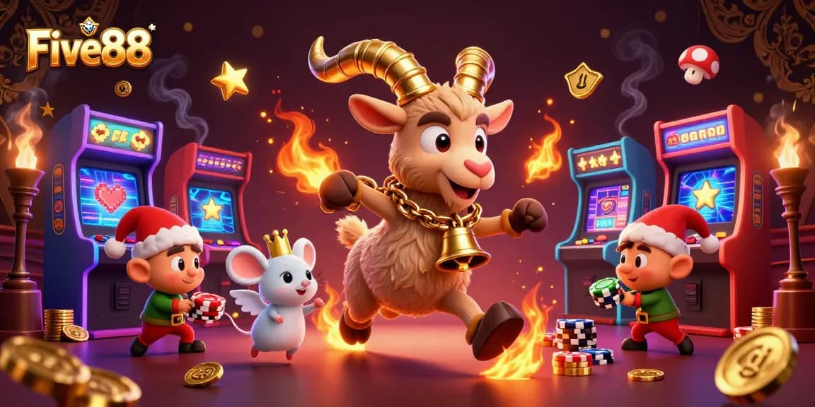 Experience thrilling games at Five88 Casino with festive characters and vibrant gaming elements.