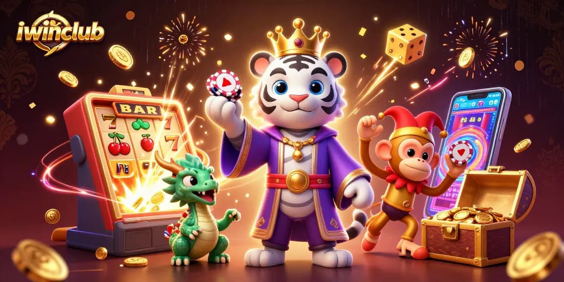 Experience excitement at iwinclub with a vibrant casino scene featuring a royal tiger and festive elements.