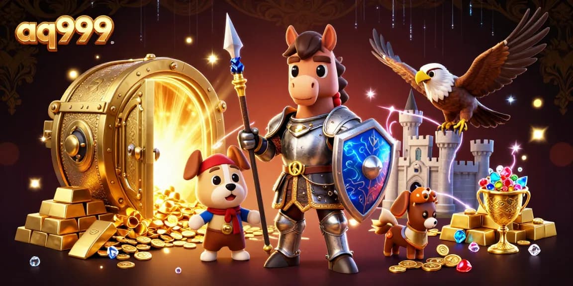Aq999 presents a dynamic casino scene with a knight, squire, and falcon surrounded by treasures