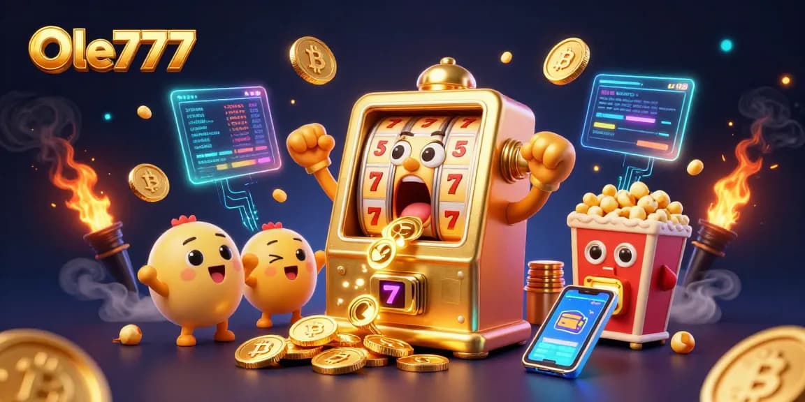 Experience excitement at Ole777 with a golden slot machine hitting a jackpot, surrounded by crypto coins and gaming elements.