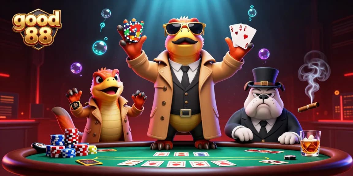 Three raptors in a trench coat trying to enter a casino, showcasing good 88 excitement, amid vibrant gambling elements.
