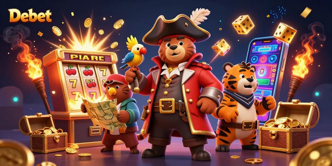 Experience excitement at Debet with a vibrant pirate-themed 3D casino scene featuring jackpot elements.