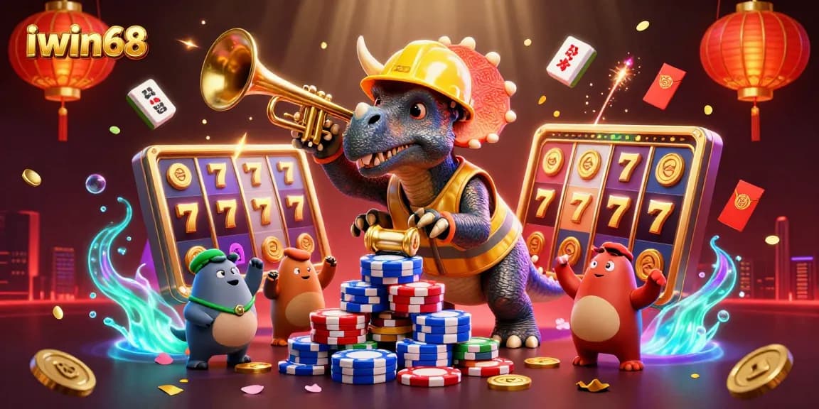iwin68 players building excitement with gaming elements in a 3D casino illustration