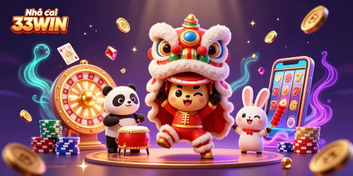 Engage with Nhà cái 33WIN featuring colorful casino elements and festive characters celebrating luck and prosperity.