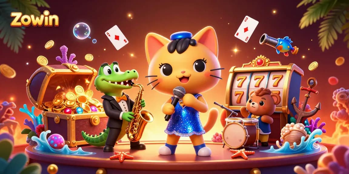 Zowin offers thrilling casino entertainment with dynamic characters and vibrant game elements in this illustration.