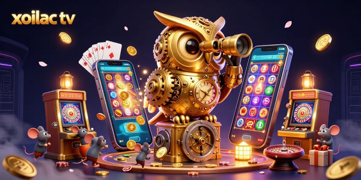 Experience gambling excitement with xoilac tv's dynamic 3D illustration featuring animated characters and casino games.