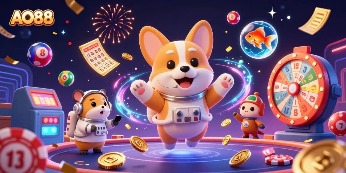 Engage in gambling excitement with AO88 as a cartoon corgi floats among casino elements in zero gravity.