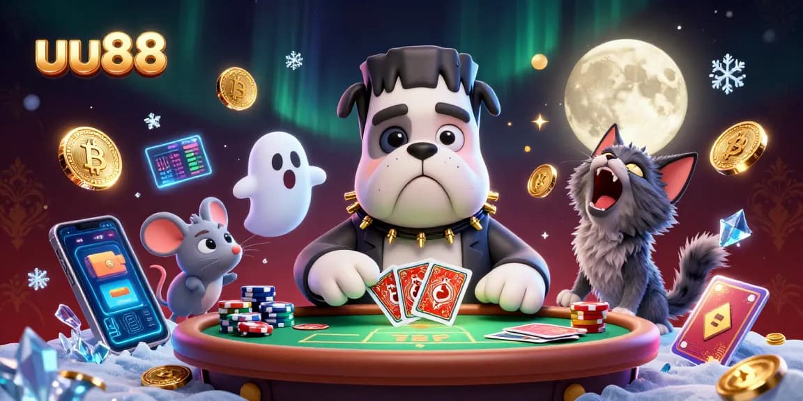 uu88 players enjoying intense card games at a spooky casino table with unique characters.