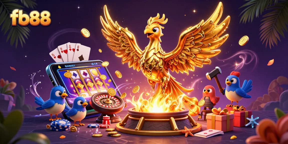 Experience winning excitement with fb88, featuring a golden phoenix and dynamic casino elements.