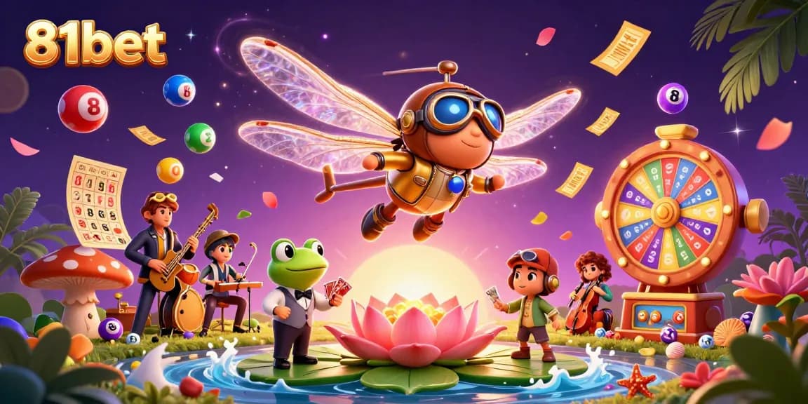 Engage with 81bet's vibrant casino scene showcasing a dragonfly pilot, frog dealer, and lively jazz musicians.