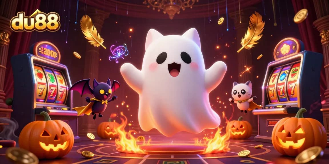 Engage in exciting du88 slot games with a ghost cat and vibrant casino elements.
