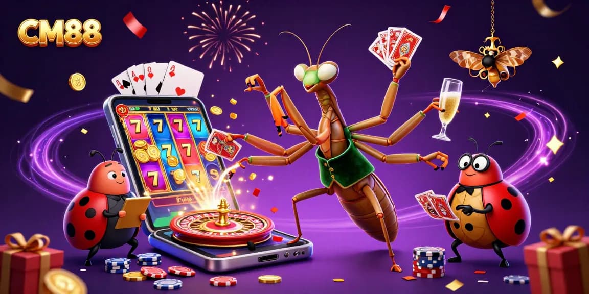 Engage in vibrant slot games and nightlife at CM88 with a lively casino scene featuring dynamic characters and festive atmosphere.