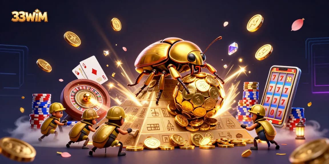 Experience thrilling wins with 33WIM as you roll in golden coins and vibrant casino symbols.