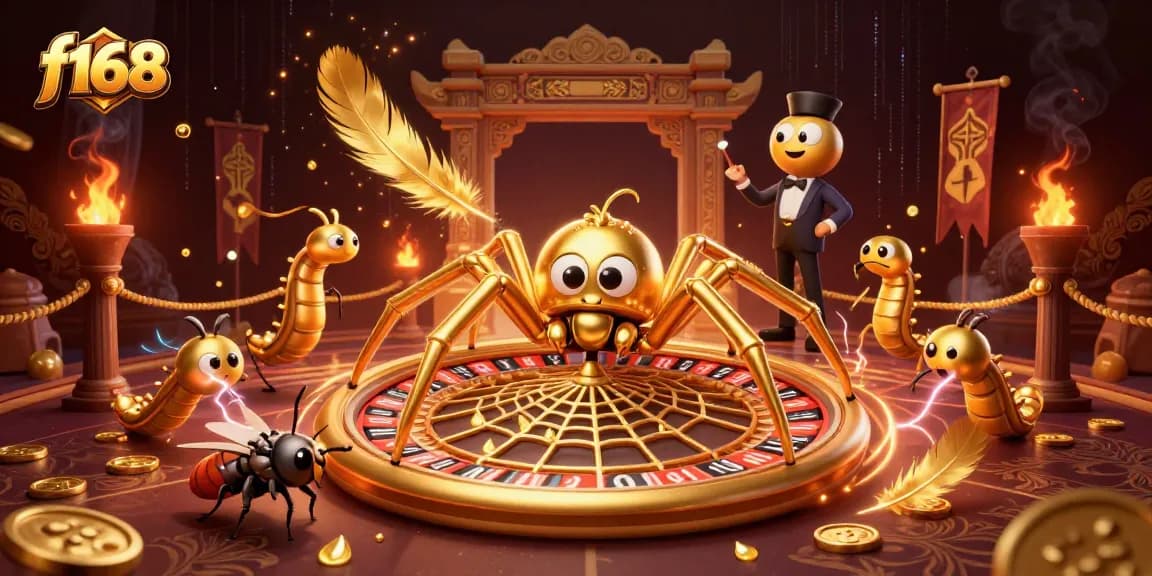 Experience thrilling gameplay at f168 with a golden spider and centipede croupier in a dynamic casino scene.