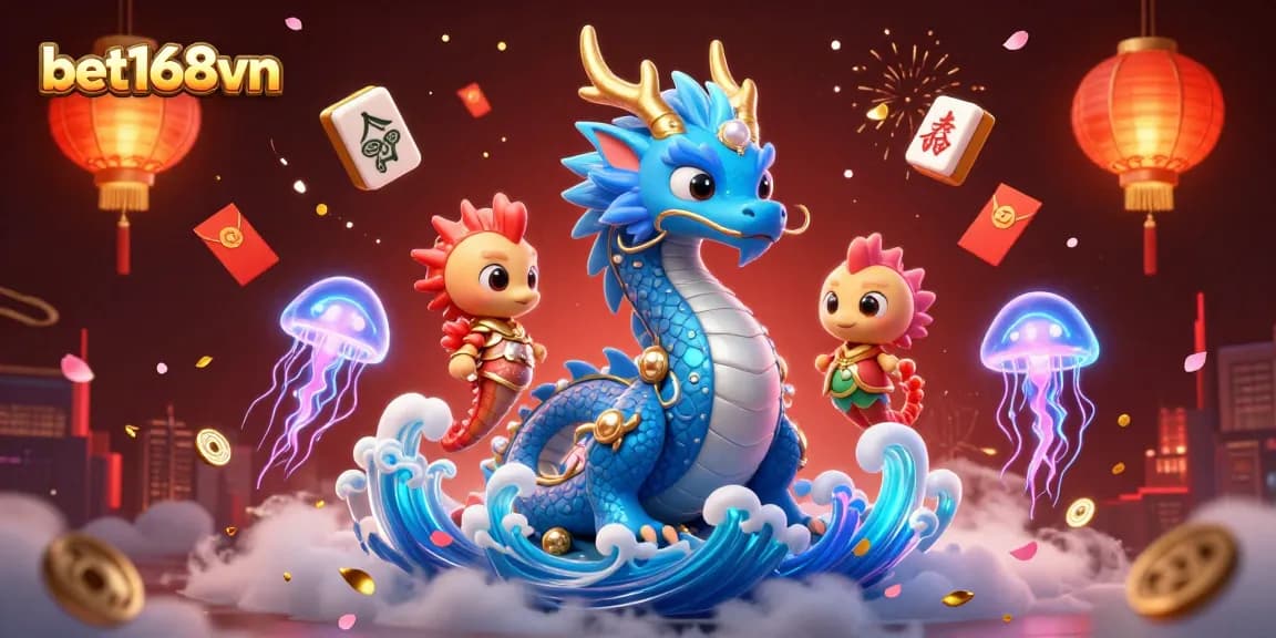 Engage with bet168vn's vibrant 3D casino scene featuring an azure dragon, seahorse knight, and floating gaming elements.