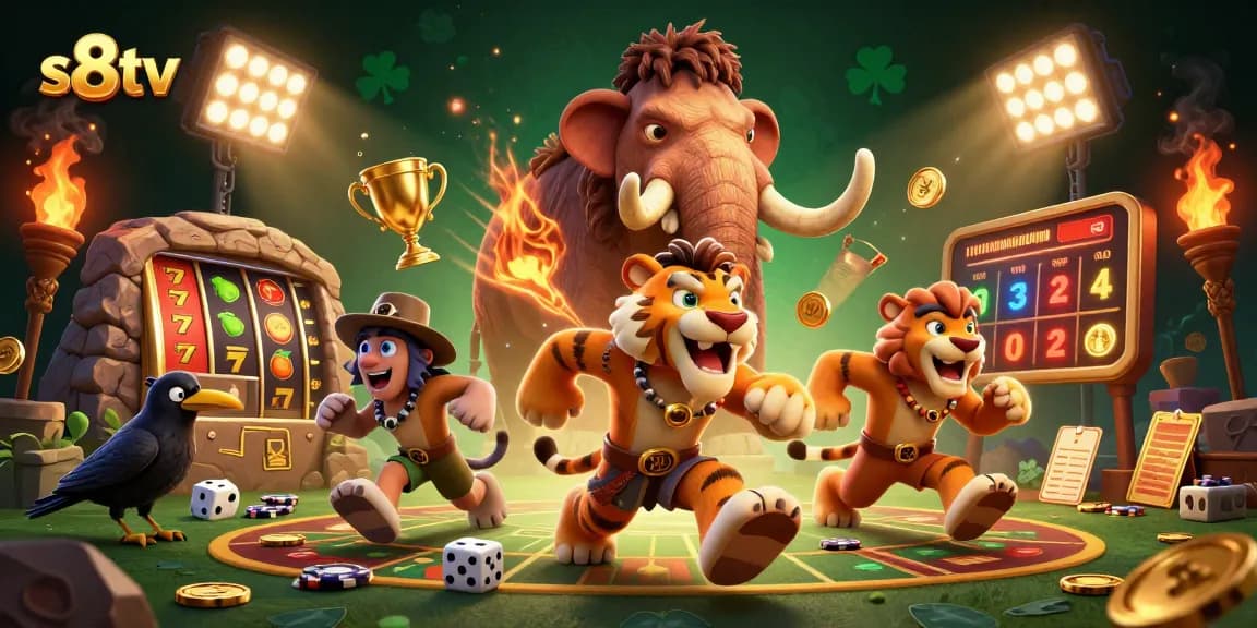 Engage with the thrilling world of s8tv in this vibrant casino landscape featuring playful characters.
