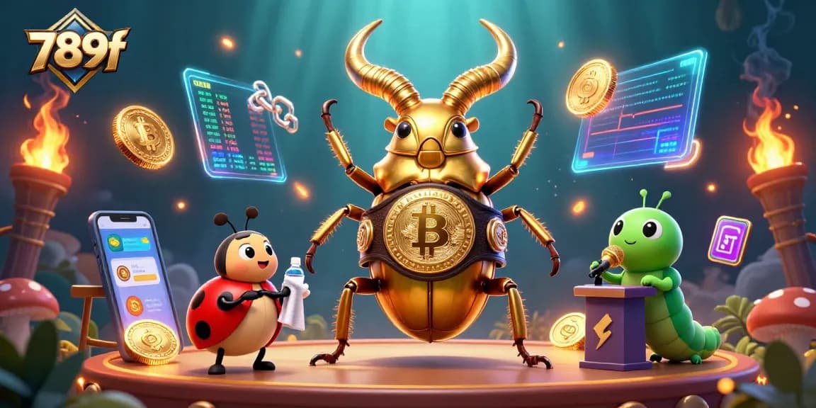 Engage in thrilling gameplay with 789f, featuring a golden stag beetle champion and vibrant crypto elements.