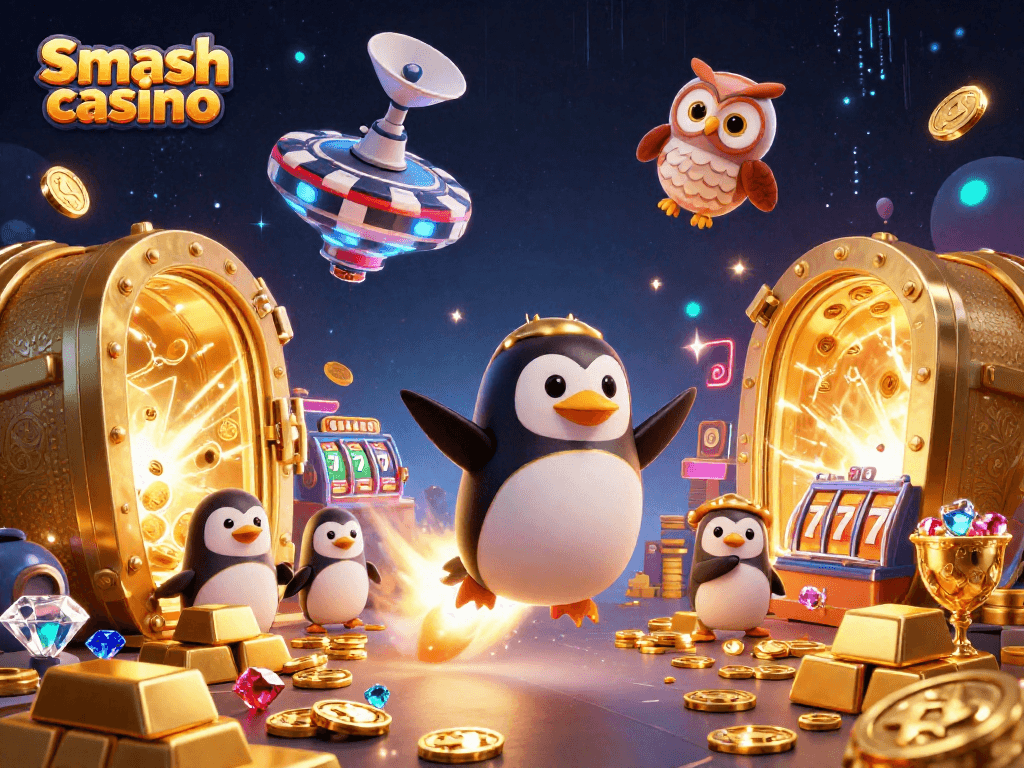Experience thrilling excitement at Smash casino with a 3D cartoon penguin soaring through space, surrounded by riches.