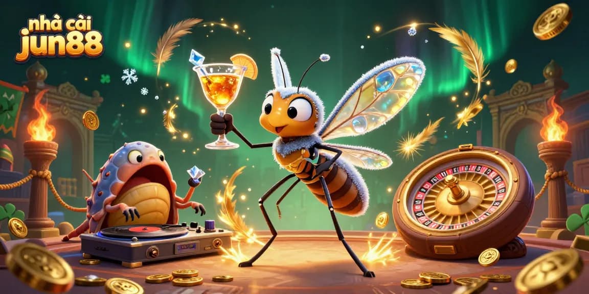Experience the vibrant scene at nhà cái jun88 with a lively casino mascot and dynamic gaming elements.