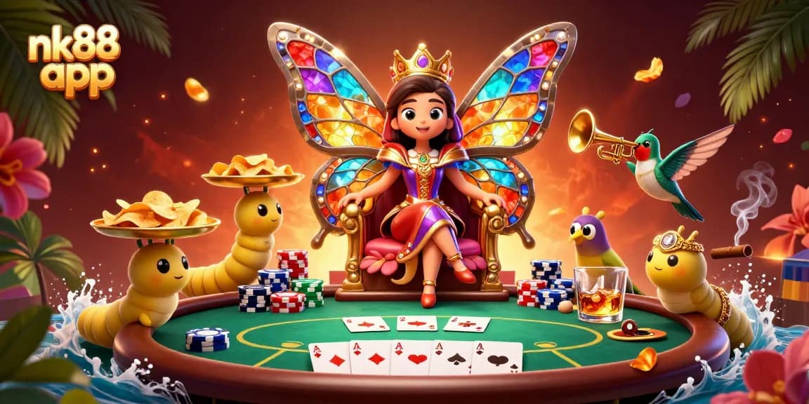 Experience the thrill of nk88 app with an enchanting illustration of a butterfly queen and poker elements.