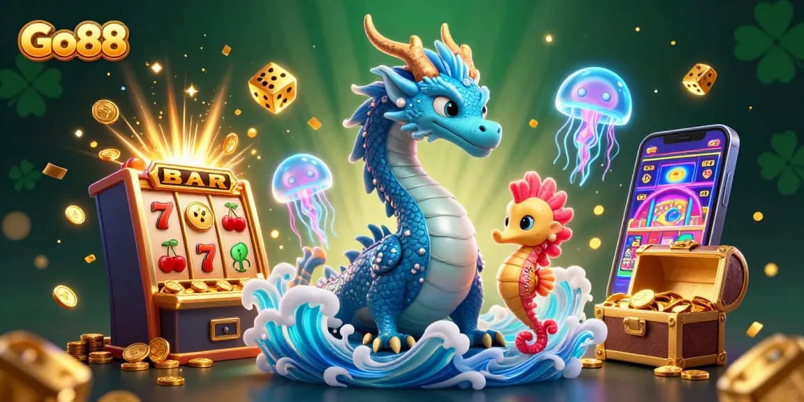 Engage in thrilling gameplay at Go88 with vibrant 3D illustration of a dragon, knight, and jellyfish in a bustling casino.