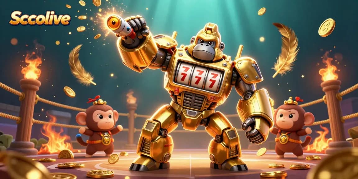 Socolive sports betting illustration featuring a golden mech gorilla showcasing excitement and dynamic casino elements.