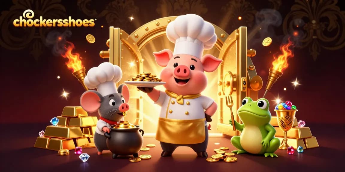 Experience chockersshoes with a lively casino scene featuring a chef pig amidst treasure and gaming elements.