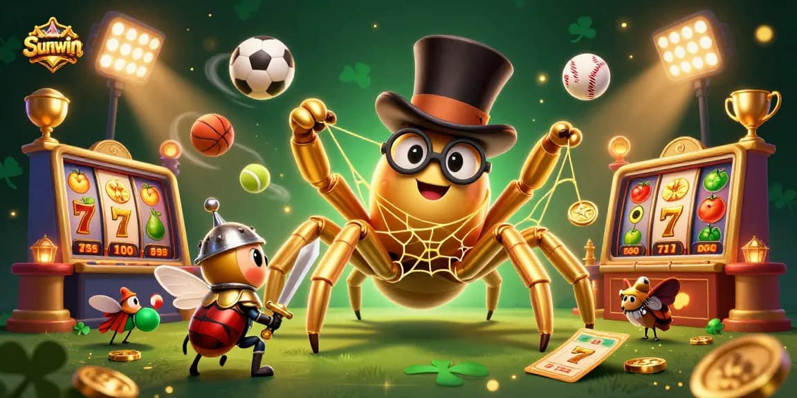 Engage with Sunwin's vibrant casino experience featuring a golden tarantula and beetle knight in 3D illustration.