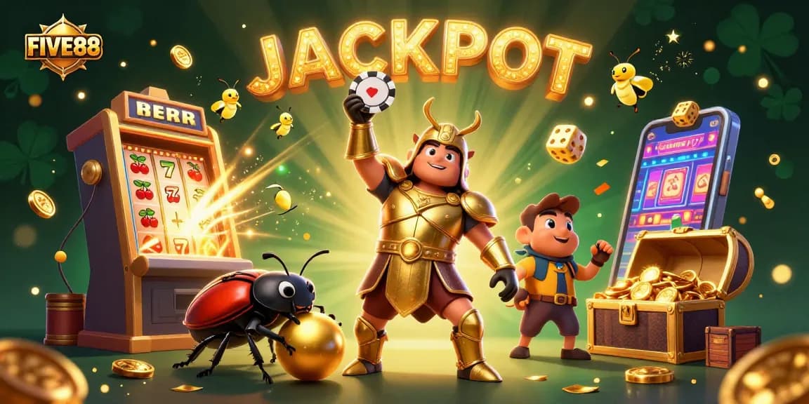 Experience winning moments with FIVE88 as a heroic beetle celebrates a casino jackpot!