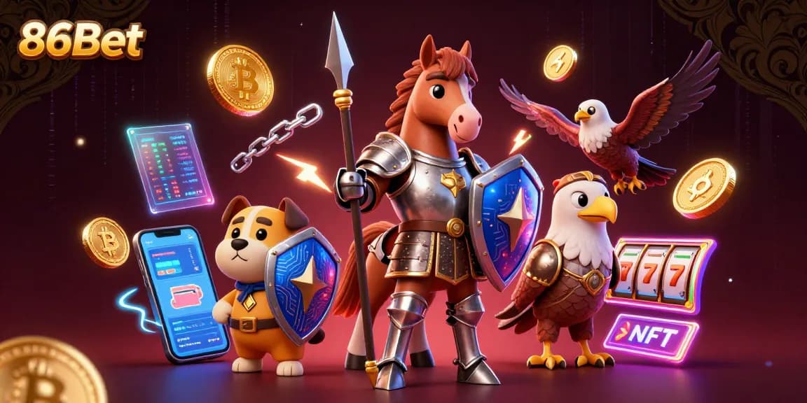 Engage in thrilling gameplay with 86Bet, featuring vibrant slots, knight characters, and dynamic crypto elements.