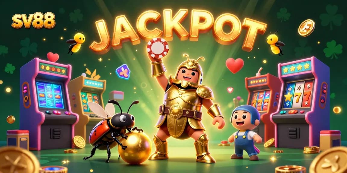 Experience the excitement of sv88 with a jubilant beetle lifting a poker chip, immersed in a colorful gaming scene.