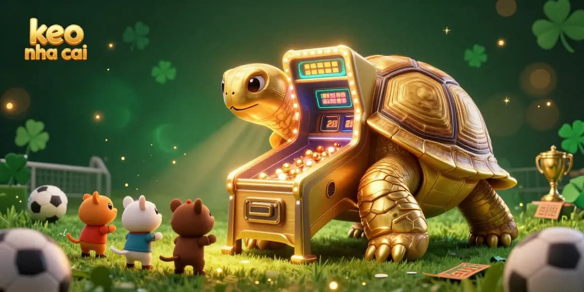 Bets on keo nha cai as energetic animals play on a pinball machine tortoise filled with sports-themed elements.