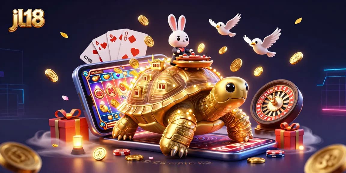 Play thrilling games at jl18 Casino with golden tortoise and animated characters in a vibrant 3D scene.