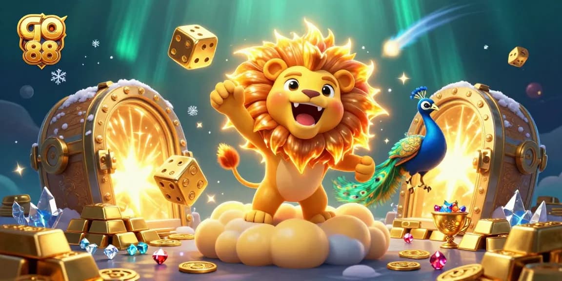 Experience the excitement of go 88 with a vibrant casino-themed digital illustration featuring golden treasures and lively characters.