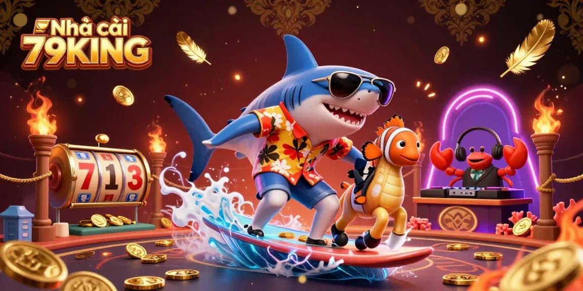 Engage with Nhà cái 79KING as a cartoon shark and friends celebrate gambling excitement amidst golden coins and vibrant elements.