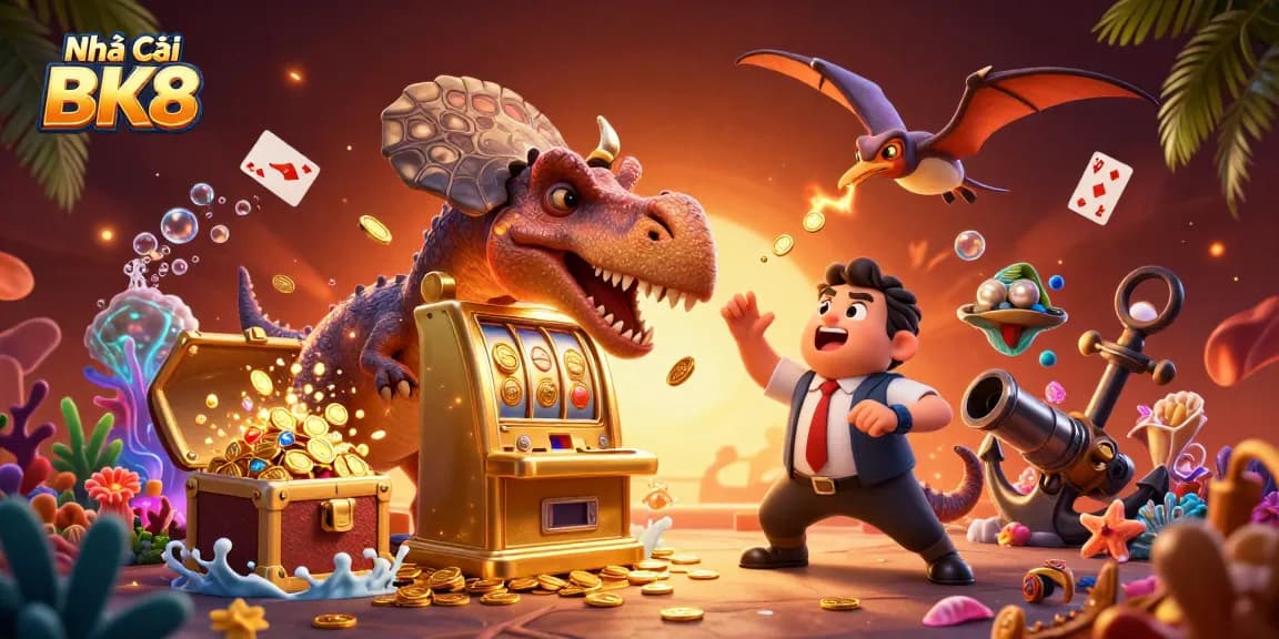Nhà Cái BK8 features a dinosaur smashing a slot machine, capturing the excitement of casino jackpots.