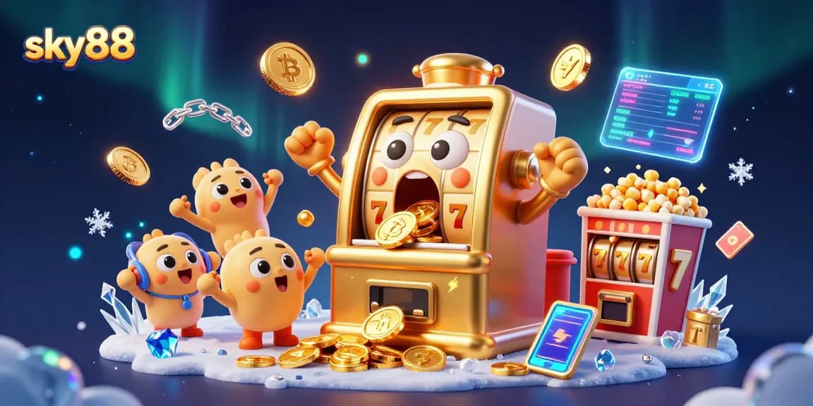 Experience the excitement of sky88 with a vibrant jackpot scene featuring animated slot machines and crypto icons.