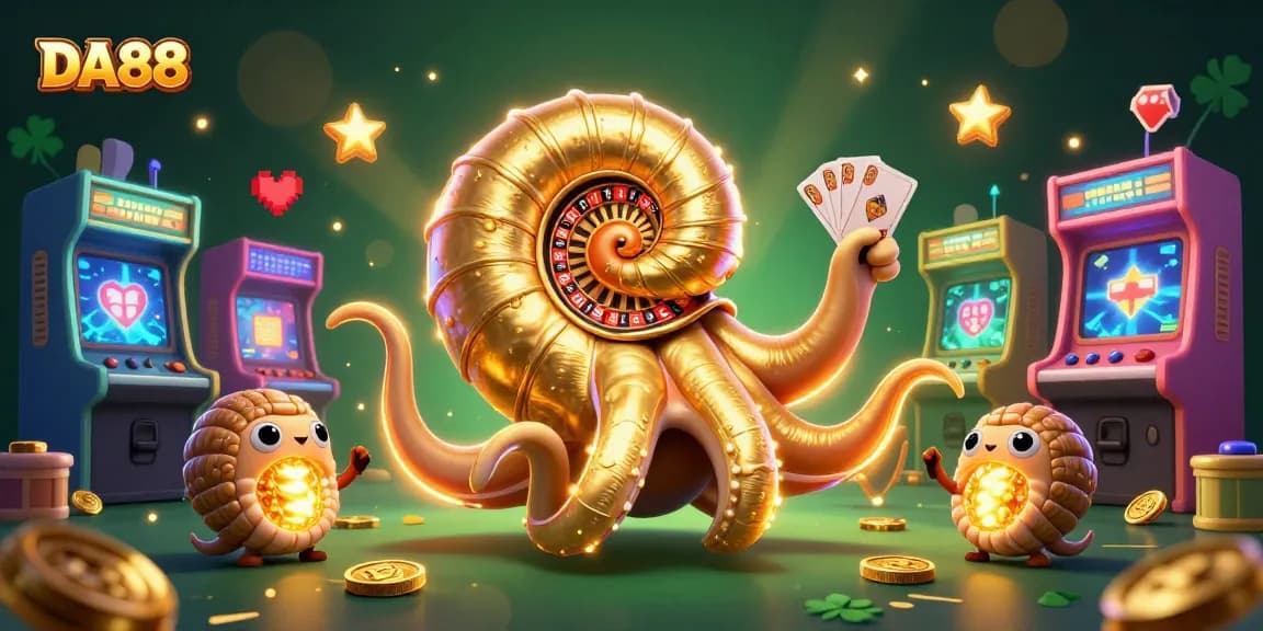 Engage in thrilling games at DA88 casino with a vibrant illustration showcasing a nautilus roulette wheel and glowing arcade machines.