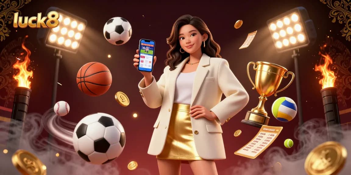 Join the excitement at luck8 with a vibrant sports betting illustration showcasing games and dynamic elements.