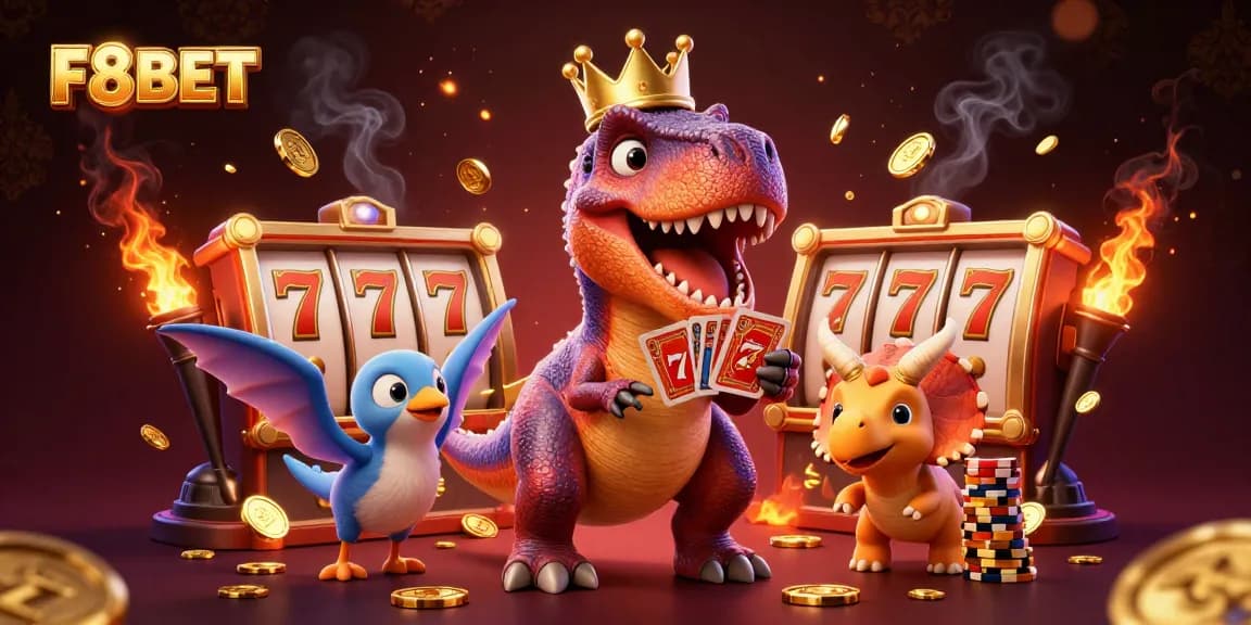 F8BET T-Rex and friends stack chips and play cards in a vibrant casino scene filled with excitement.
