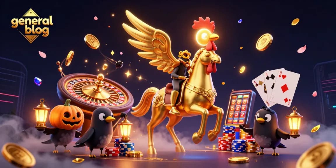 A vibrant illustration for the general blog, showcasing an adventurous golden rooster in a casino setting, amid sparkling coins and game elements.