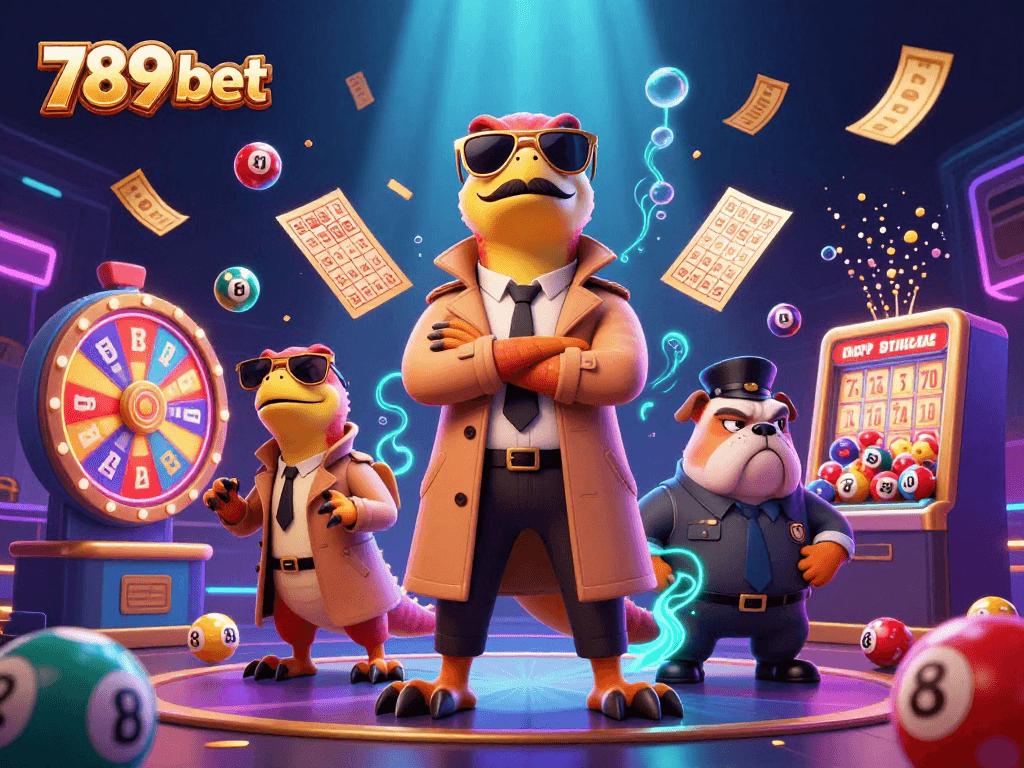 Engage with 789 bet in a vibrant casino scene featuring playful raptors and lottery excitement.