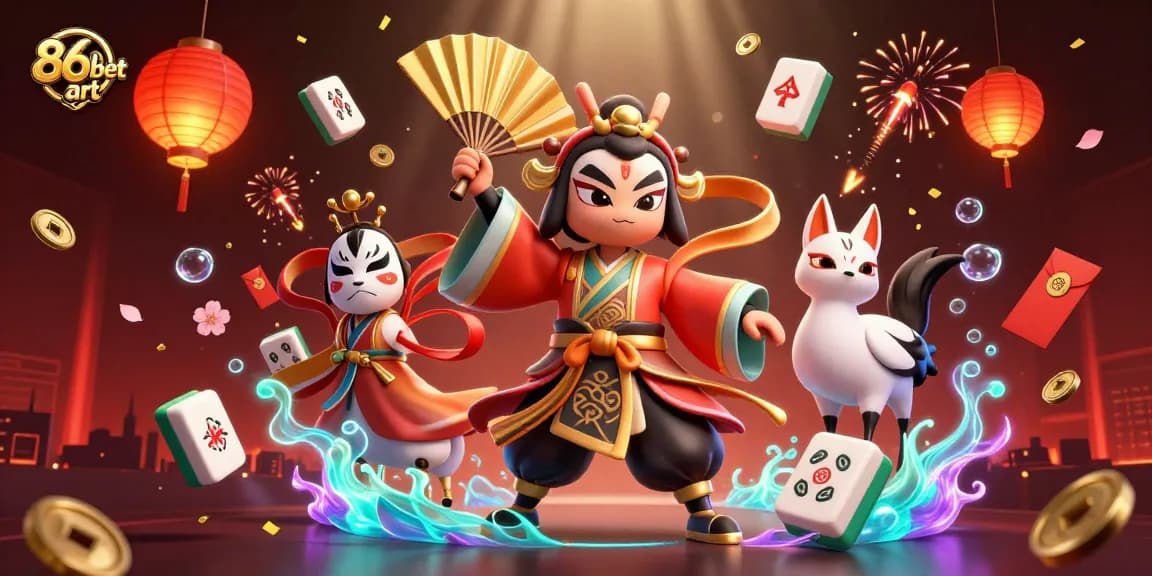 Experience the thrill of 86bet art with a vibrant illustration of kabuki warriors and gambling elements