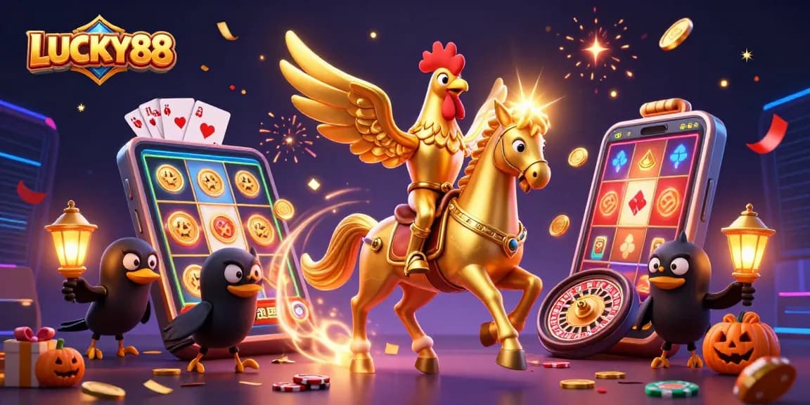 Engage with LUCKY88's vibrant casino, winning golden prizes amidst spectacular gaming elements.