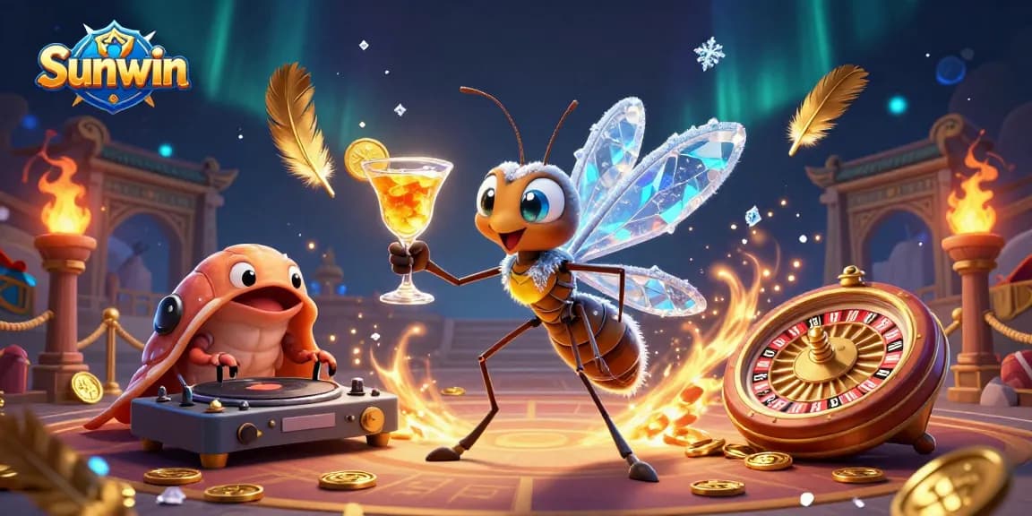 Experience thrilling action with Sunwin’s dynamic casino mascot spinning golden roulette and vibrant coins.